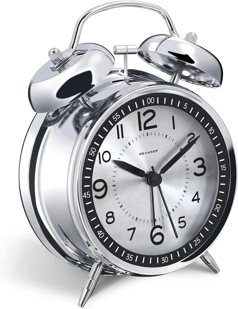 Peakeep Loud Alarm Clock for Heavy Sleepers Adults, Metal 4.5" Twin Bell Battery Operated Alarm Clocks for Bedrooms Decoration (Metal Silver)