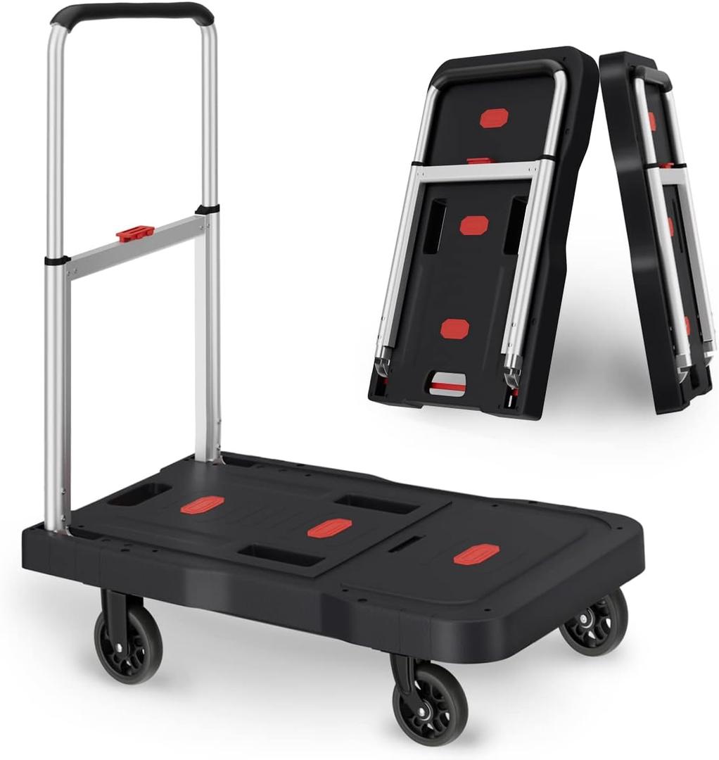 Platform Truck Foldable Push Cart Dolly 330lb Weight Capacity, Adjustable Hand Truck Handle with 360 Degree Swivel Wheels for Garage Garden Home & Office Use, Black