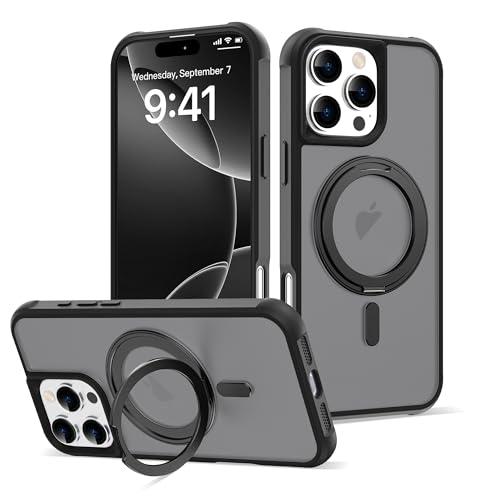 TOKVANZ for iPhone 16 Pro Max Case with 360° Rotatable Magnetic Ring Stand [Compatible Mag-Safe] [Military Grade Protection] Translucent Matte iPhone 16 Pro Max Phone Cases for Women Men 6.9'',Black