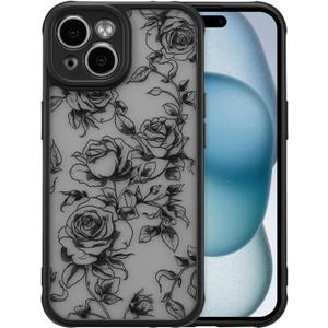 XIZYO for iPhone 15 Case, Floral Flower Cute Aesthetic Case for Women Girls Rose Pattern Slim TPU Bumper Shockproof Protective Cover for iPhone 15 6.1 Inch, Branch Rose/Black