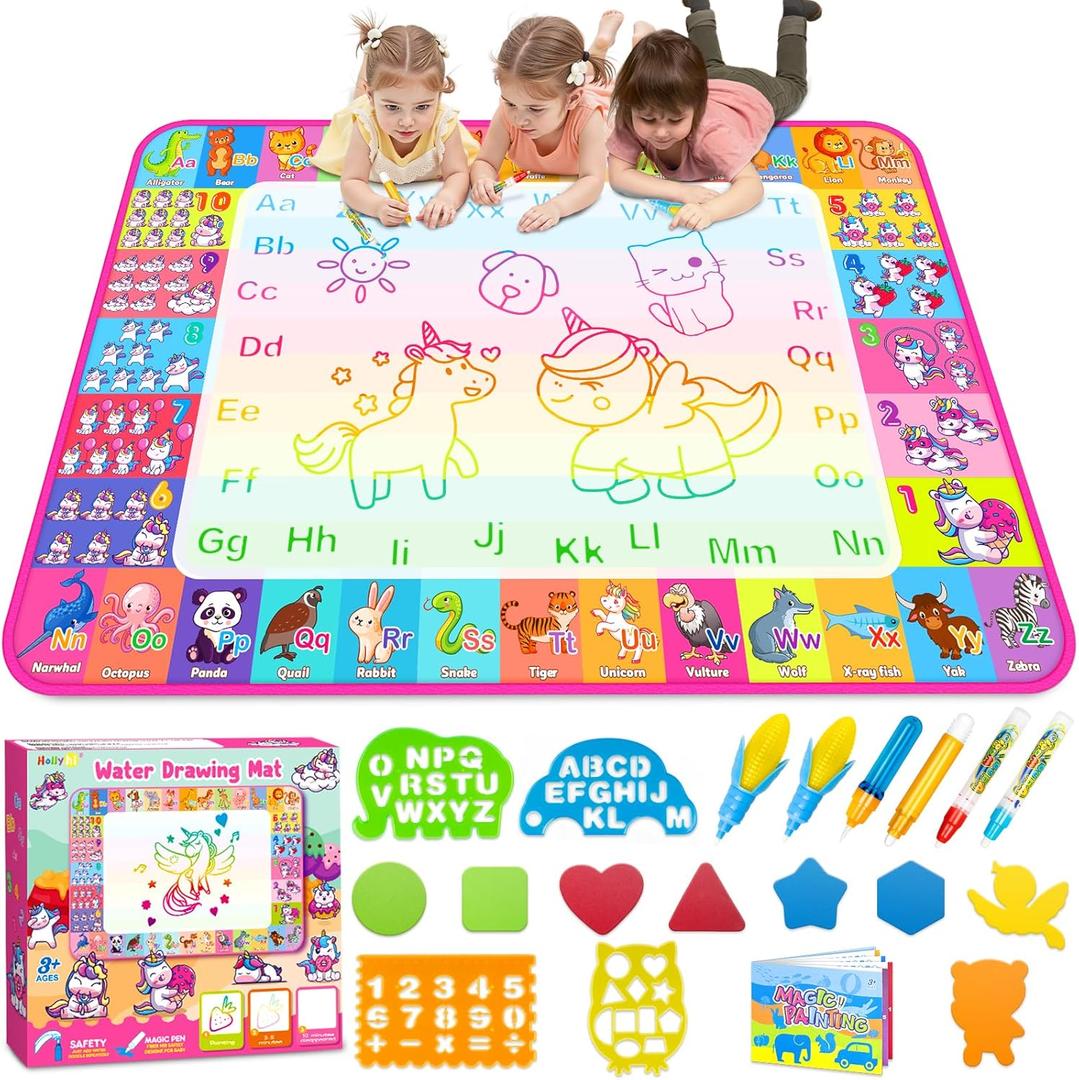 Aqua Water Doodle Mat - Kids Drawing Mat Toddlers Educational Toys for Age 3 4 5 6 7 8 Year Old Boys Girls Gifts - Neon Color Mat Doodle Board Writing Drawing Toys Holiday Christmas Birthday Gifts (Large/Pink)