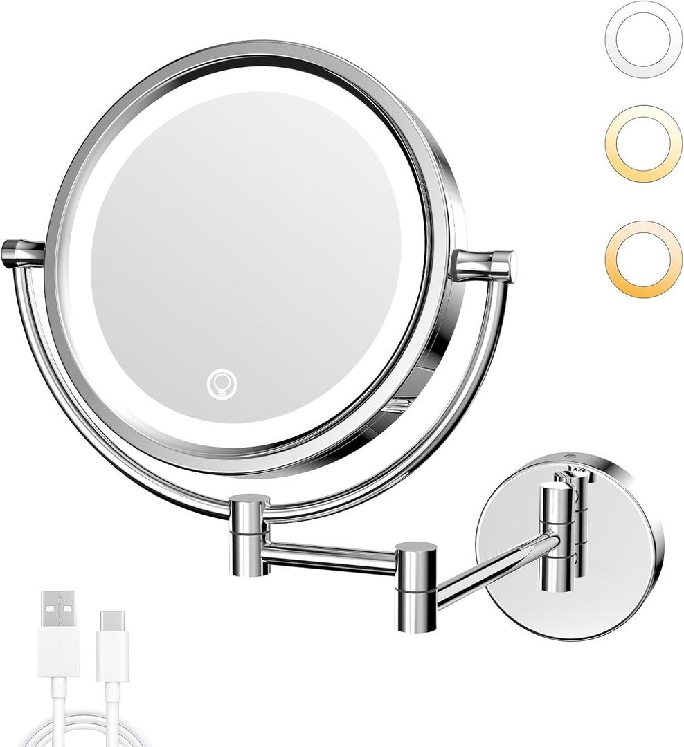 GURUN 10X Magnifying Makeup Mirror with Light - Wall Mounted Dimmable LED Mirror, 3 Color Modes Touch Screen, Rechargeable Brass Cosmetic Mirror with Adjustable Arm (Black)
