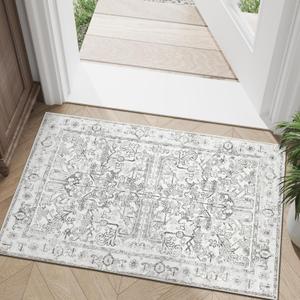 jinchan 2x3 Washable Rug for Entryway - Vintage Floral Ultra-Thin Low Pile Soft Small Non Slip Distressed Indoor Door mat Accent Area Rug for Entrance Kitchen Bathroom Bedroom (2x3ft,Grey)