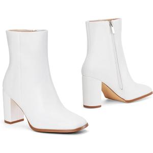 Elisabet Tang Women Ankle Boots 3 Inch Chunky Heel Side Zipper Ankle Booties with Square Toe (6, White)