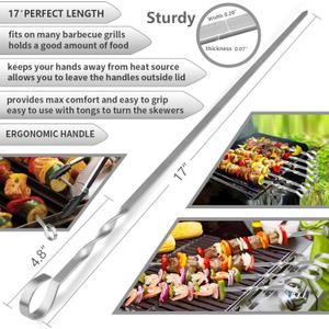 Skewers - 17" Kabob Skewers for Grilling, Metal Sticks for Kabobs Stainless Steel Flat Long Shish Kebab Reusable Grill BBQ Barbecue Sticks for Meat Chicken Vegetable, 10 Pack Bonus 14 Inch