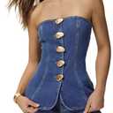 Milumia Women's Metal Button Front Denim Tube Top Elegant Sleeveless Bandeau Tops (Medium)