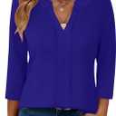 Micoson 3/4 Length Sleeve Womens Tops Dressy Casual V Neck Pleated Work Blouses Loose Fit Summer Business Shirts (Small, Deep Blue)