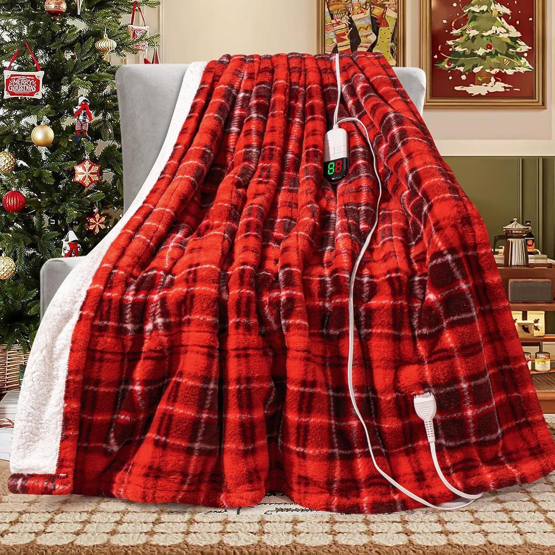 MAXEVE Heated Electric Blanket, 50"x60" Faux Fur Fast Heating Throw Blankets with 8 Heating Levels & 8 Hours Auto Off with Over-Heat Protection & ETL Certified, Plaid Red