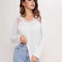 Long Sleeve Tops for Women Eyelet Scalloped Lace V Neck Blouse Casual Loose Fashion Shirts L