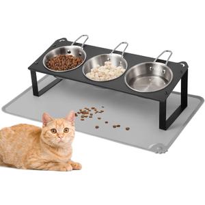 Elevated Cat Bowls with Food Mat, 10Tilted Non-Slip Raised Cat Food Water Bowls Set, 3 Thick Stainless Steel Pets Dishes with Handles to Indoor Kitten Puppy, Anti-Vomiting Cute Metal Feeding Stand