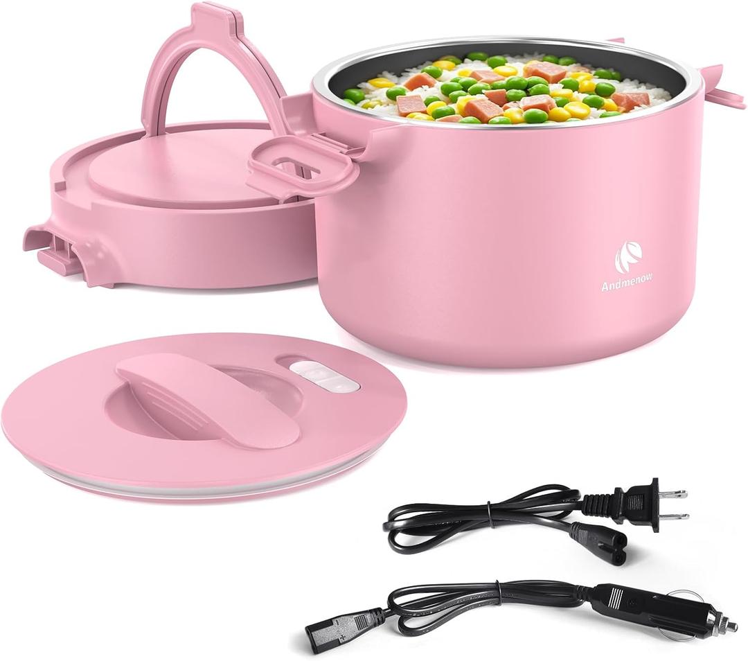 Portable Electric Lunch Box,Food Warmer Cooker,12/24/110V Heated Lunch Box for Car/Truck/Office- Ideal for Men & Women Gifts,100W Mini Portable Food Warmer Heater,Warming Soup & Meal,Smart Keep Warm (Pink)