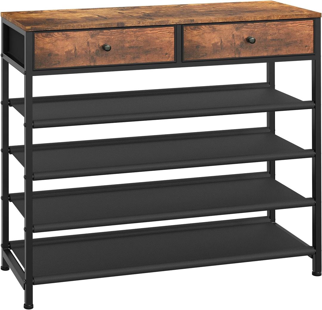 Usikey Shoe Rack, 5 Tier Shoe Storage Organizer with 2 Drawers, Metal Shoe Shelf for 16-20 Pairs of Shoes, with 4 Oxford Fabric Shelves and Wooden Top, Shoe Stand for Closet, Rustic Brown UNYXJX009F