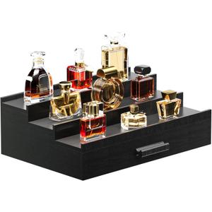 Cologne Organizer for Men,3 Tier of Elevated Cologne Display Stand with Drawer Storage,Wood Cologne Display,Perfume Organizer and Storage Display Risers,Great Gift for Men (Black)