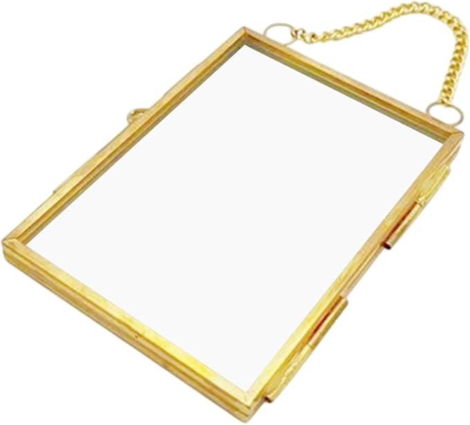Reginary 7 Pcs 2 x 3 Inch Glass Frame for Pressed Flowers Mini Hanging Double Brass Frame Floating Glass Photo Picture Frame with Chain for Artwork Art Specimen Wall Plant DIY Decor(Gold)