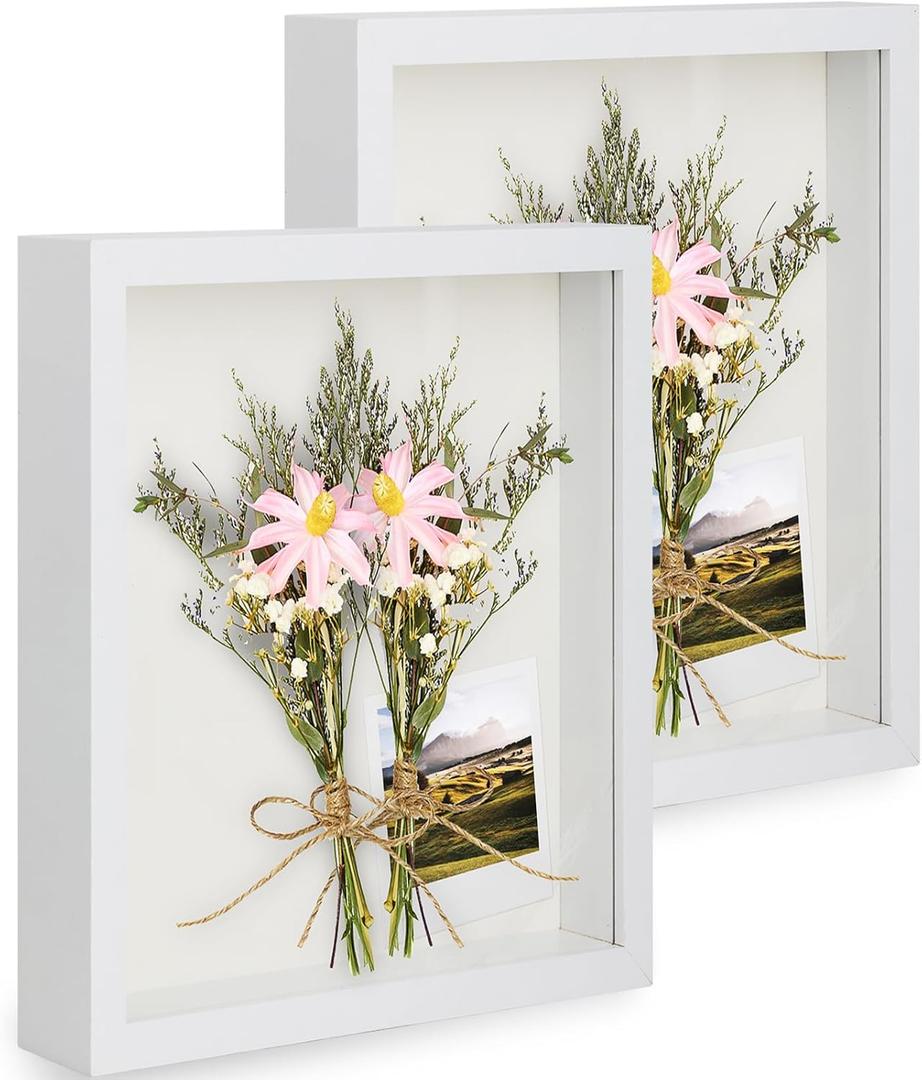 2pcs 6x8 Shadow Box Frame, 3D Picture Frame Display Cas with Real Transparent Glass for Photos, Memorabilia, Crafts, Souvenir, Wedding Memories, Baby Items - White/ 1.2 Inch Depth