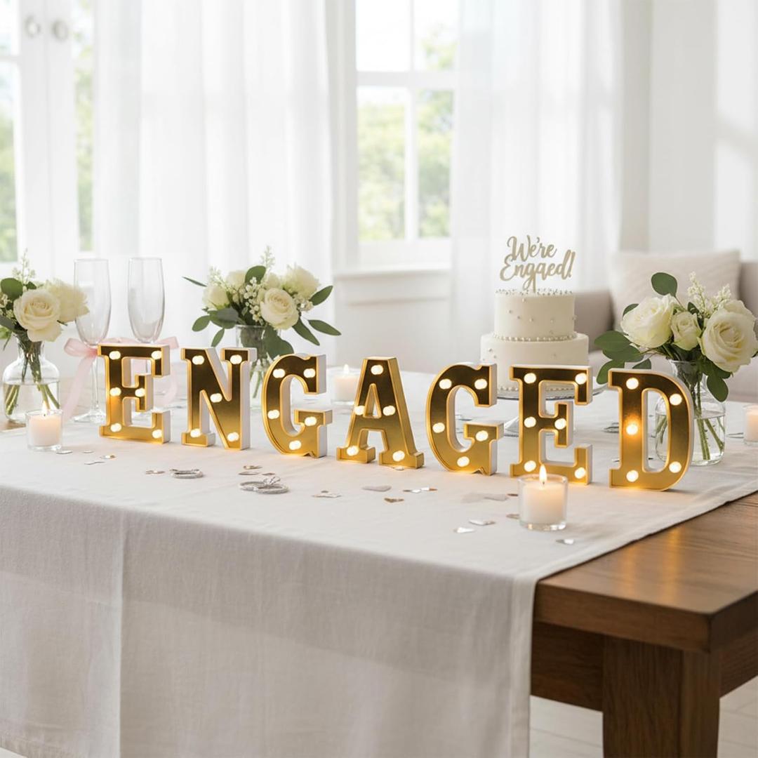 Engaged LED Light up Letter - Mirror Surface Marquee Letter Neon Light Sign for Engagement Wedding Bridal Shower Party Decorations