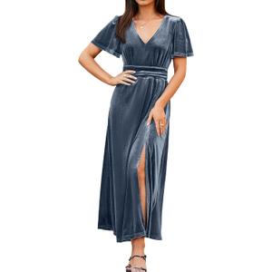 Simplee Women's Velvet Maxi Dress V Neck Short Sleeve Empire Waist Semi Formal Long Cocktail Dresses (Blue)