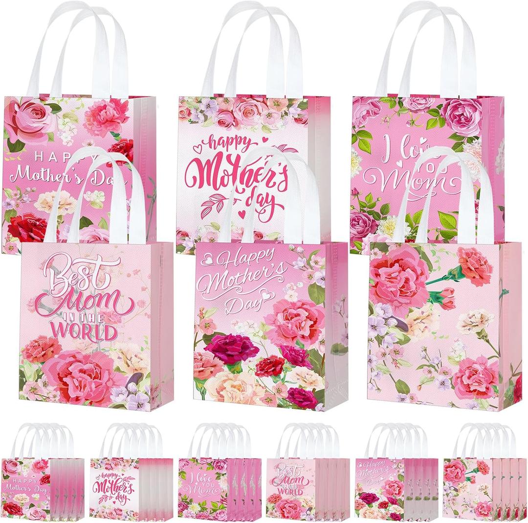 Motiskyy 24 Pcs Mother's Day Tote Gift Bags Bulk, Non-woven Tote Bags with Handle Reusable with Carnation for Love Mom Treat Wrap Favors Mother's Day Party Supplies