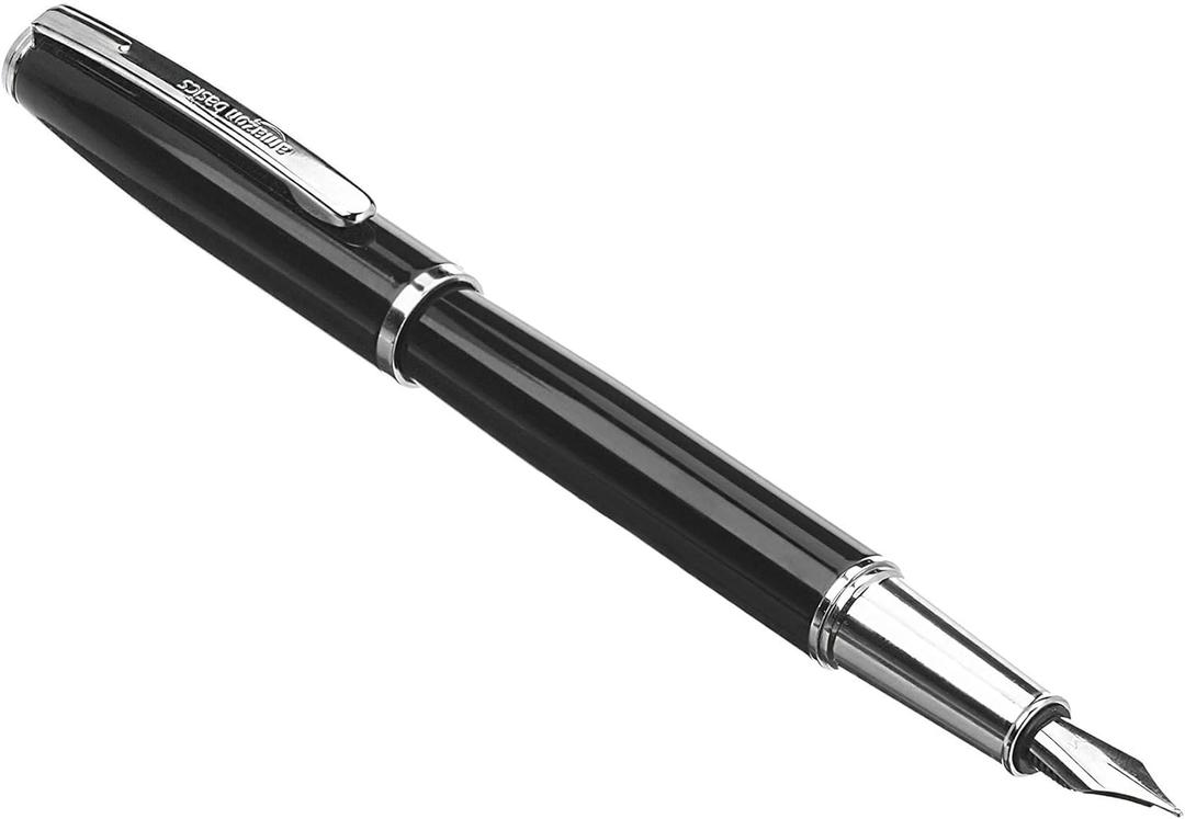 Refillable Fountain Pen with Smooth Writing, Medium Point, Black Metal Barrel, Black Ink, 2 Replacement Cartridges
