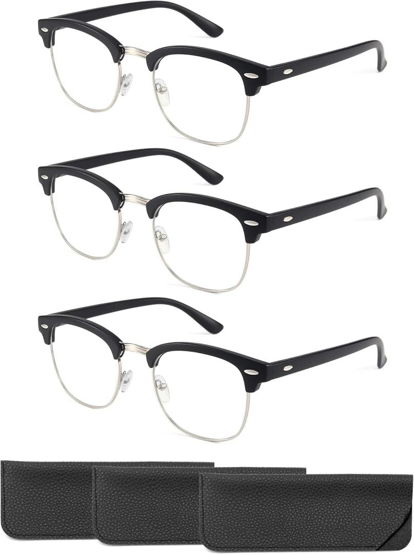 CCVOO 3 Pack Reading Glasses Blue Light Blocking, Retro Semi Rimless Readers for Men Women, Round Eyewear Filter UV400, C2 Matte Black Silver, 1.75 x