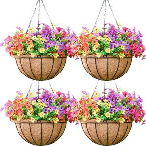 4 Pack 16 Inch Metal Hanging Planter BasketNatural Round Coconut Hanging Plant Flower PotCoconut Coir Planter for Hanging Basket Flowers/Vegetables Home Garden Patio Decoration Watermelon