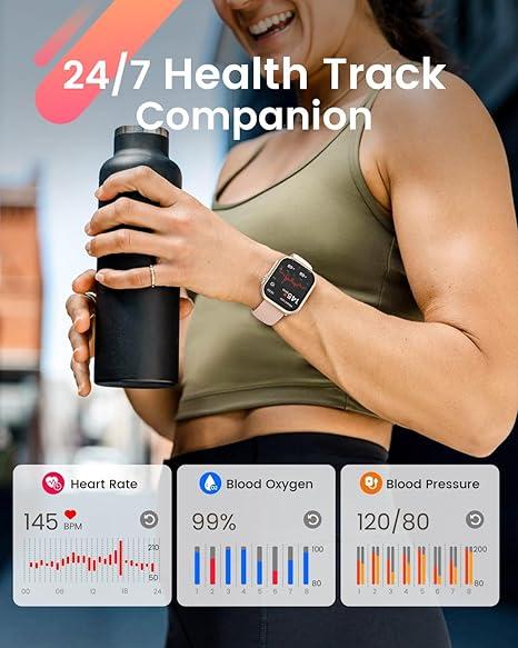 Smart Watch for Women Men Fitness: Smart Watch for iPhone&Android Bluetooth Call with SpO2 Sleep Heart Rate Monitor,IP68,Fitness Tracker with 120+Sport,Reloj Inteligente 30 Day+Battery Life, 2 Bands (Gold-Pink)