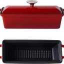 Enameled Cast Iron Bread Pan with Lid - Red - Oven Safe Form for Baking and Cooking - Loaf Pan