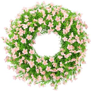24 Inch Pink Artificial Forsythia Silk Floral Front Door Wreath | Vibrant pink silk flower summer wreath, decor for wall, window, farmhouse indoor & outdoor home decoration