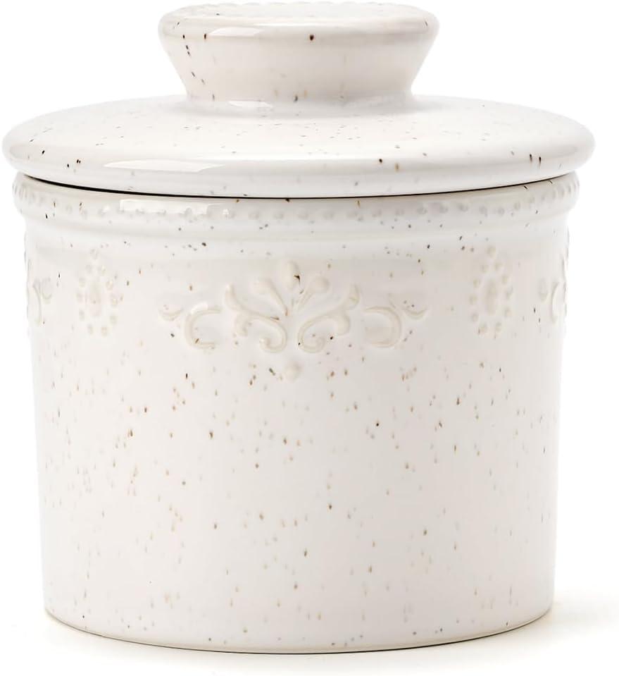 XELA Ceramic Butter Dish - French Butter Crock With Water Line - Keeps Your Butter Fresh and Spreadable - Speckled White
