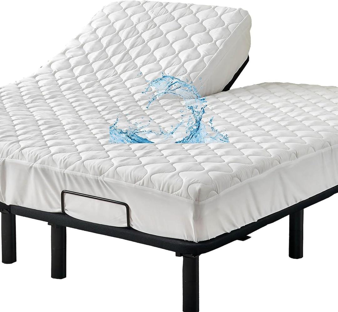Quilted Waterproof Split Top California King Mattress Protector Pad for Adjustable Bed with Upper Flex Padded Topper Noiseless Fitted Matress Cover 32-34 Split from Head Cal King White
