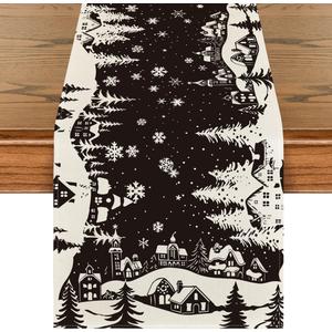 Artoid Mode Igloo Pine Snowflake Silhouette Christmas Table Runner, Black Seasonal Winter Kitchen Dining Table Decor for Home Party 13x108 Inch