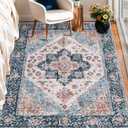 SERISSA Boho 8x10 Area Rugs, Washable Vintage Large Living Room Rug Non-Slip, Ultra Soft Oriental Print Distressed Tribal Farmhouse Blue Orange Carpet for Dining Room Bedroom Dorm Office Home Decor