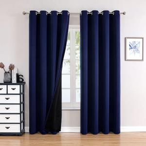 ChrisDowa 100% Blackout Curtains for Bedroom with Black Liner, 2 Thick Layers Total Blackout Thermal Insulated Grommet Window Curtains 2 Panels Set (Navy Blue, 52 x 72 Inch)