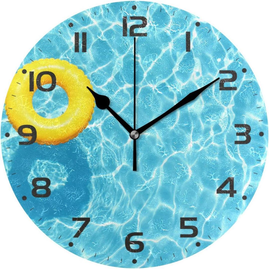 Blue Swimming Pool Wall Clock, Silent Non Ticking 10 Inch Battery Operated Wall Clocks, Easy to Read Clock for Home Kitchen Living Room Bathroom Office Decor