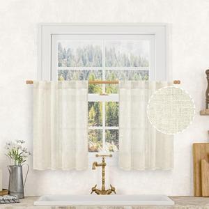LAMIT Short Linen Kitchen Window Curtains 36 Inch Length, Over Sink Semi Sheer Light Filtering Panels Back Tab and Rod Pocket Drapes for Basement Bathroom Window, 2 Panels, Cream Ivory，34 x 36 Inch