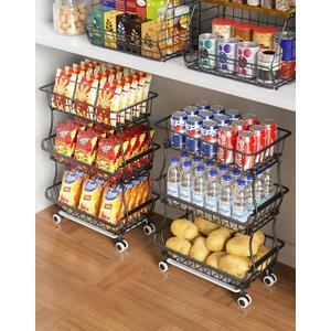 3-Tier Rolling Pantry Floor Organizers and Storage Cart with Wheels, Stackable Wire Pantry Baskets for Pantry Shelves, Kitchen Fruit Basket Stand and Storage Rack for Fruit Snack Onion Potato