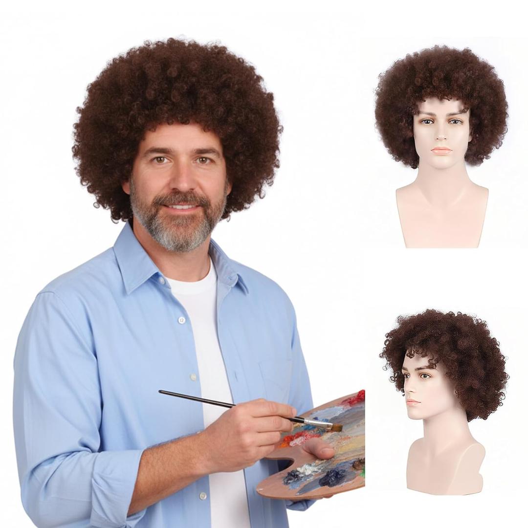 80s Style Afro Wig Curly - Costume Brown Curly Funny Wig Capless for Adults Painters, Artists