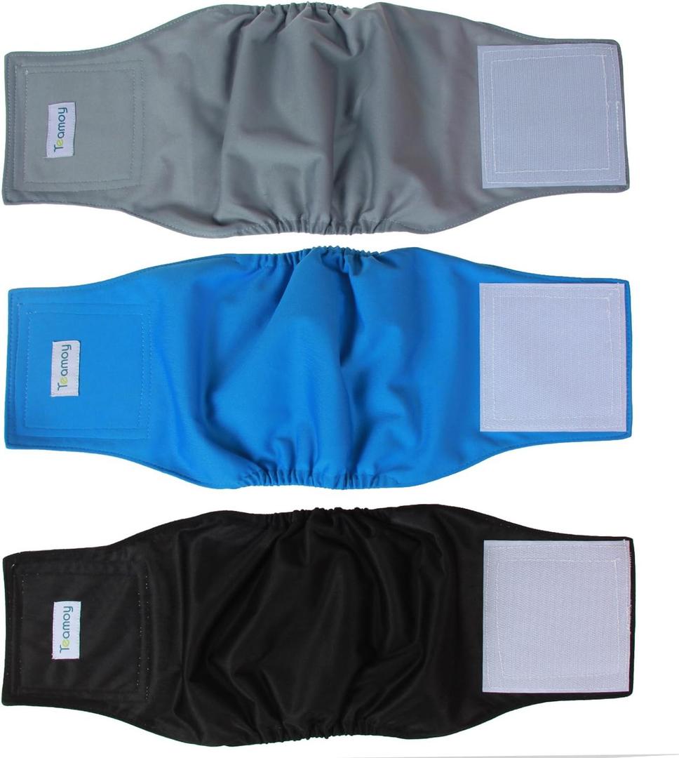3 x Teamoy Reusable Wrap Diapers for Male Dogs, Washable Puppy Belly Band Pack of 3 (M, 13"-16" Waist, Black+ Gray+ Lake Blue)