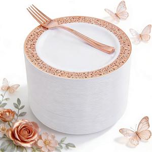 WDF 200 Pieces Rose Gold Dessert Plates with Forks, 100Pcs Lace Design Cake Small Rose Gold Appetizer Plates 7.5" and 100 Pcs Forks 7.4" for Wedding/Party