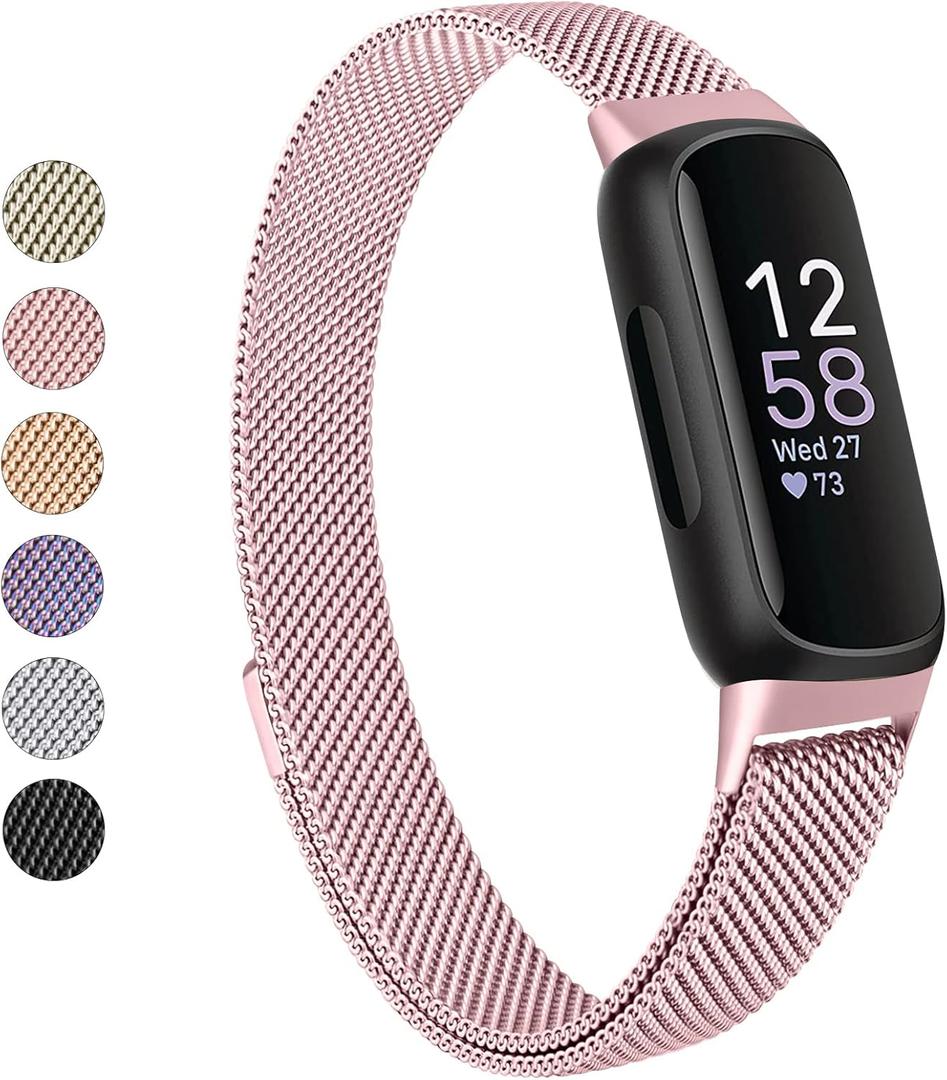 Vanjua for Fitbit Inspire 3 Bands Women Men, Stainless Steel Metal Mesh Loop Adjustable Magnetic Wristband Replacement Straps Compatible with Fitbit Inspire 3 Fitness Tracker (Rose Pink)