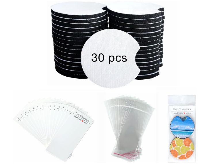 Sublimation Coasters Blanks, Round Car Coasters Sublimation Blanks Set, Car Coaster Packaging with Display Cards Bags, 2.75 Inch Blank Cup Mat for Sublimation Transfer Heat Press DIY Crafts