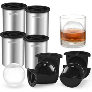 Clear Ice Cube Maker - 2.5" Ball - Stainless Steel Clear Ice Maker - Compact Design - for Whiskey, Cocktails, Bourbon - 4 PACK (Metallic-Round)
