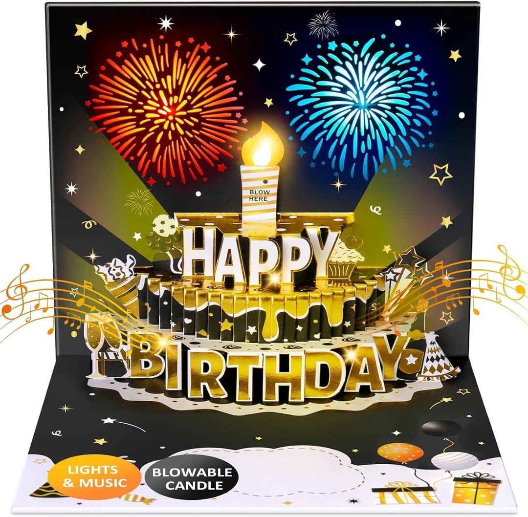 INPHER DIY Age Birthday Cards Fireworks Pop Up Cake Light and Music Black and Gold Happy Birthday Card Gift for Husband, Men, Women, Mom, Grandma