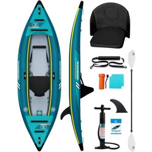 OCEANBROAD Inflatable Sit-in Kayak, with Paddle, Kayak Seat, Pedal, Hand Pump and Bag, 1-Person/2-Person, Blue/Sky Blue
