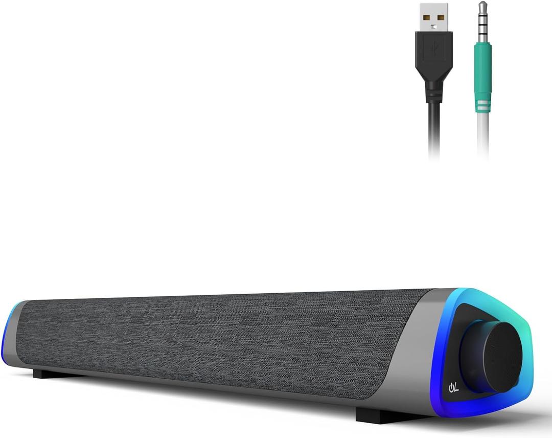 SOULION R30 Computer Speakers, USB Powered PC Speaker, Colorful LED Lights with Switch Button, 3.5mm Aux Surround Soundbar for Desktop Laptop Monitor Office Work Music Gray
