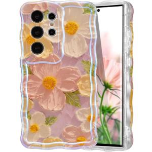 EYZUTAK Case for Samsung Galaxy S24 Ultra, Colorful Retro Oil Painting Flower Laser Glossy Pattern Cute Curly Wave Edge Exquisite Phone Cover Stylish Durable TPU Protective Case for Girls Women - Pink