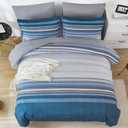 Dobuyly Grayish Blue Queen Comforter Set 7 Pieces, Boho Striped Bed in a Bag Queen Size Soft Microfiber All Season Grey Bedding Set with Comforter, Sheets, Pillowcases & Shams
