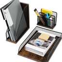 Vintage Wood & Mesh Office Supplies 3 Piece Set- Letter Tray, Magazine File Holder, Pen Holder and Letter Sorter, Desktop Organizer Set Desk Decoration Accessories