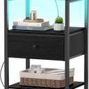 BOLUO Black Nightstand with Charging Station, LED Night Stand with Fabric Drawers and Shelf, Bedside Table with USB Ports and Outlets, Bedroom Nightstand Modern