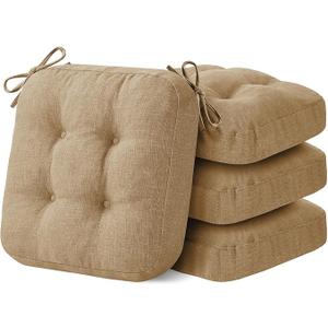 IASEAHK Chair Cushions for Dining Chairs, Dining Chair Cushions, Tufted Indoor Chair Pads with Ties & Non Slip Backing, Seat Cushions for Kitchen Chairs 16.5” x 16.5” x 3.5”, Set of 4, Khaki